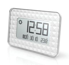 Oregon Scientific дизайнерски цифров стенен часовник с гланцово покритие и прогноза за времето, бял